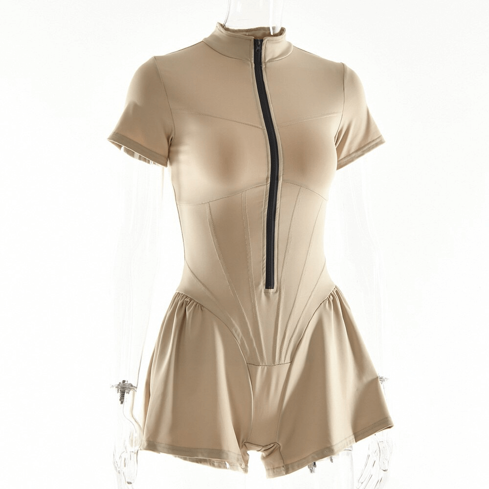 Sexy O-Neck short-sleeve zipper bodysuit romper, beige, featuring a slim fit and stylish design, perfect for sporty or casual wear.